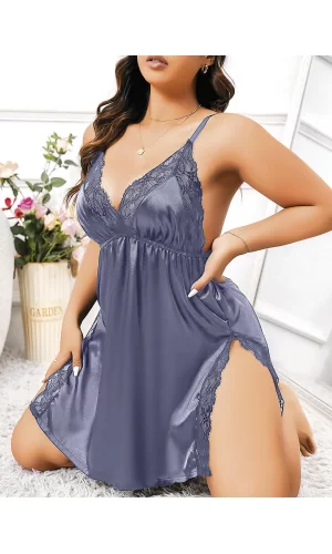 Luz&Pos Arias Closet Büyük Beden Lacivert Dantel İşlemeli İnce Askılı Saten Fantezi Gecelik