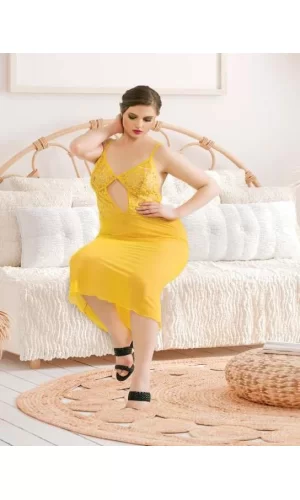 Luz&Pos Arias Closet Büyük Beden Sarı Dantelli Tül Fantezi Uzun Yırtmaçlı Gecelik