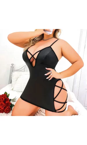 Luz&Pos Arias Closet Büyük Beden Sırt Dekolteli Fantezi Deri Elbise