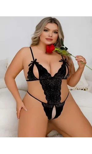 Luz&Pos Arias Closet Büyük Beden Siyah Dantel İşlemeli Dekolteli Fantezi Babydoll