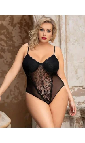 Luz&Pos Arias Closet Büyük Beden Siyah Dantel İşlemeli Tül Fantezi Babydoll