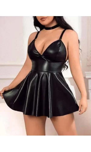 Luz&Pos Arias Closet Büyük Beden Siyah Deri Fantezi Elbise
