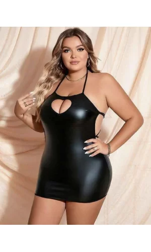 Luz&Pos Arias Closet Büyük Beden Siyah Deri Göğüs Dekolteli Fantezi Elbise