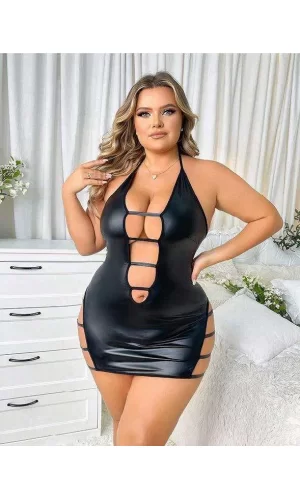 Luz&Pos Arias Closet Büyük Beden Siyah Deri İp Detaylı Fantezi Elbise