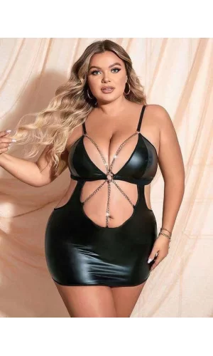 Luz&Pos Arias Closet Büyük Beden Siyah Deri Zincir Aksesuarlı Fantezi Elbise