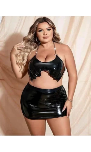 Luz&Pos Arias Closet Büyük Beden Siyah Deri Zincir Detaylı Etekli Fantezi Takım