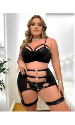 Luz&Pos Arias Closet Büyük Beden Siyah Halkalı Fantezi Jartiyer Takımı