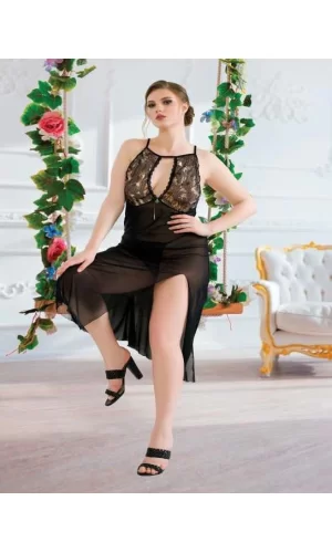 Luz&Pos Arias Closet Büyük Beden Siyah Tül Fantezi Uzun Yırtmaçlı Gecelik