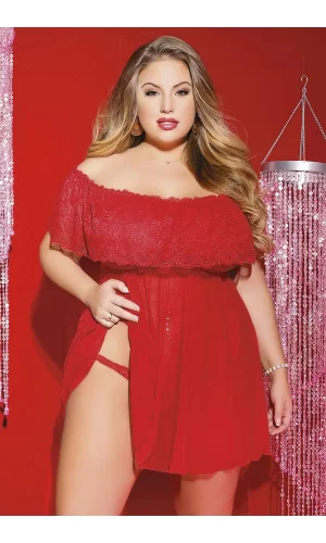Luz&Pos Arias Closet Büyük Beden Üst Kısmı Dantel Alt Kısmı Likralı Tül Fantezi Kırmızı Gecelik