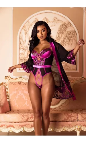Luz&Pos Arias Closet Fuşya Dantel İşlemeli Kalp Desenli Fantezi Gecelik Body Takımı