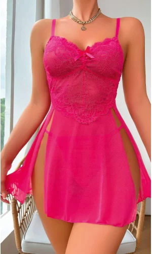 Luz&Pos Arias Closet Fuşya Dantel İşlemeli Transparan Fantezi Tül Gecelik