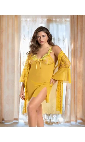 Luz&Pos Arias Closet Gold Transparan Dantel İşlemeli Yırtmaçlı 2li Tül Gecelik Takımı