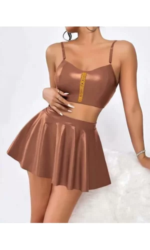 Luz&Pos Arias Closet Kahverengi Etekli Fantezi Deri Şık Elbise