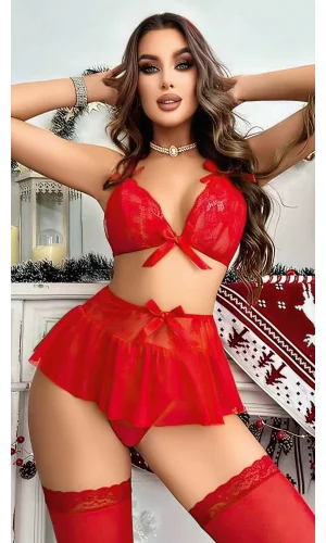 Luz&Pos Arias Closet Kırmızı Dantel İşlemeli Etekli Sütyen Fantezi Takım