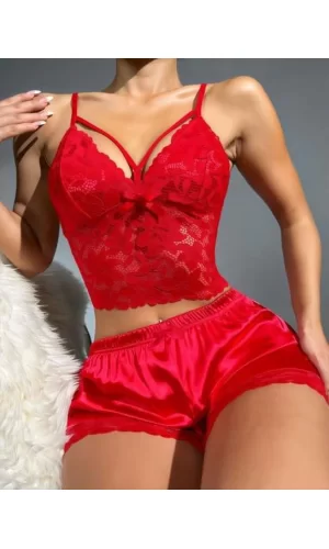 Luz&Pos Arias Closet Kırmızı Dantelli Büstiyer İnce Askılı Saten Şortlu Takım