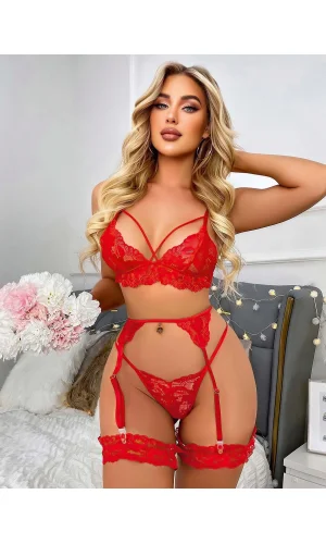 Luz&Pos Arias Closet Kırmızı Göğüs İp Detaylı Dantel İşlemeli Fantezi Jartiyer Takımı