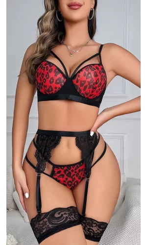Luz&Pos Arias Closet Kırmızı Leopar Desenli Fantezi Jartiyer Takımı