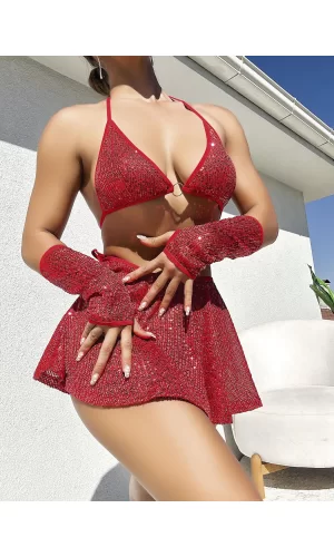 Luz&Pos Arias Closet Kırmızı Parıltılı Eldivenli Etekli Fantezi Takım