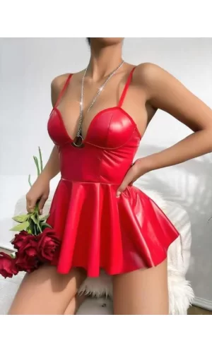 Luz&Pos Arias Closet Kırmızı Parlak Lame Fantezi Deri Elbise