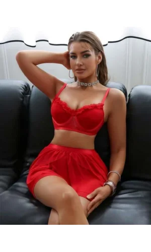 Luz&Pos Arias Closet Kırmızı Tül Fırfırlı Etekli Sütyen Takım