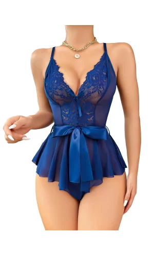 Luz&Pos Arias Closet Mavi Dantel İşlemeli Kurdelalı Fantezi Tül Babydoll