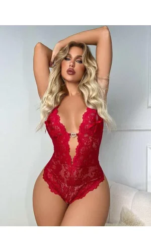 Luz&Pos Arias Closet Metal Kalp Aksesuarlı Fantezi Dantelli Kırmızı Body
