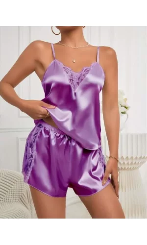 Luz&Pos Arias Closet Mor Dantel İşlemeli İnce Askılı Saten Şortlu Takım