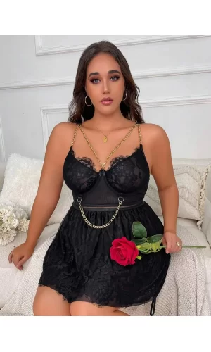 Luz&Pos Arias Closet Özel Tasarım Büyük Beden Fantezi Zincir Detaylı Dantelli Gecelik