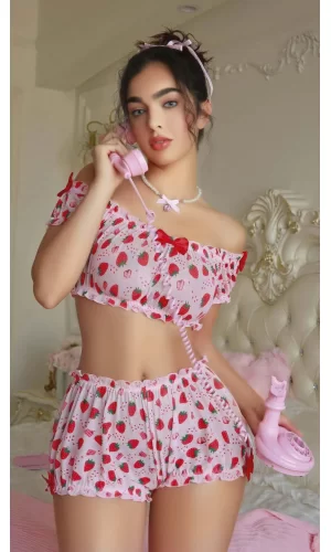 Luz&Pos Arias Closet Pembe Çilek Desenli Şortlu Fantezi Sütyen Takımı