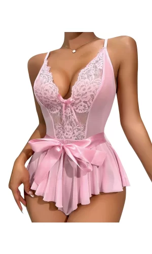 Luz&Pos Arias Closet Pembe Dantel İşlemeli Kurdelalı Fantezi Tül Babydoll