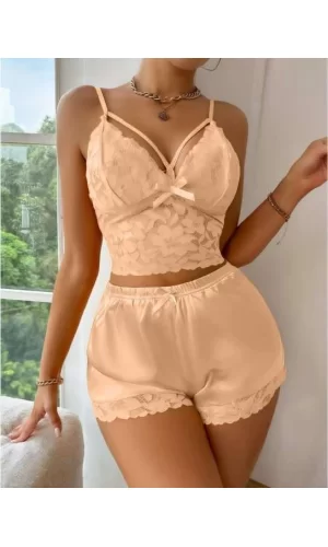 Luz&Pos Arias Closet Sarı Dantelli Büstiyer İnce Askılı Saten Şortlu Takım