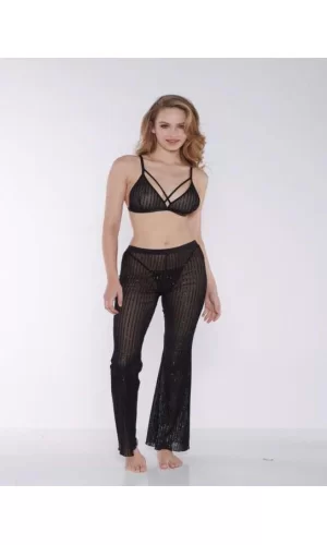 Luz&Pos Arias Closet Siyah Çizgili Transparan Göğüs İp Detaylı Fantezi Sütyen Pijama Takımı