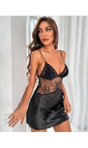 Luz&Pos Arias Closet Siyah Dantel Detaylı İnce Askılı Saten Kısa Fantezi Gecelik