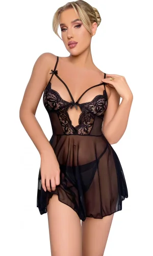 Luz&Pos Arias Closet Siyah Dantel İşlemeli Göğüs İp Detaylı Fantezi Tül Gecelik Takımı