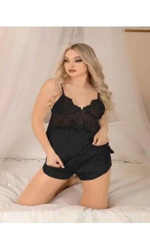Luz&Pos Arias Closet Siyah Dantel İşlemeli İnce Askılı Saten Şortlu Takım