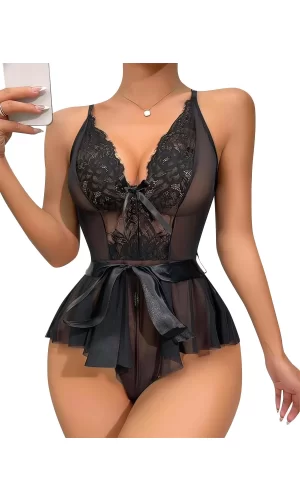 Luz&Pos Arias Closet Siyah Dantel İşlemeli Kurdelalı Fantezi Tül Babydoll