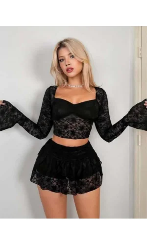 Luz&Pos Arias Closet Siyah Dantelli Etekli Fantezi Bolero Bustiyer Takım