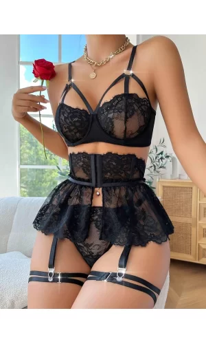 Luz&Pos Arias Closet Siyah Dantelli Göğüs İp Detaylı Fantezi Jartiyer Takımı