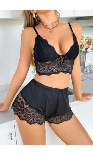 Luz&Pos Arias Closet Siyah Dantelli Şortlu Sütyen Takımı