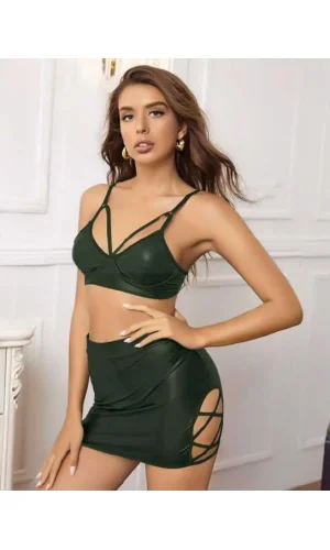 Luz&Pos Arias Closet Siyah Yırtmaç Etekli Fantezi Deri Mini Elbise