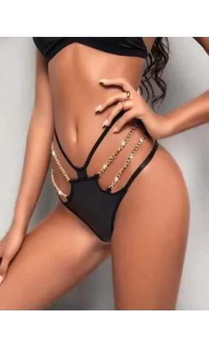 Luz&Pos Arias Closet Zincir Aksesuarlı İp Detaylı Fantezi Siyah String Tanga