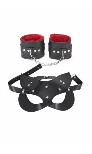 Maske Ve Kelepce İçi Tüğlü Kırmızı Deri Set 700429