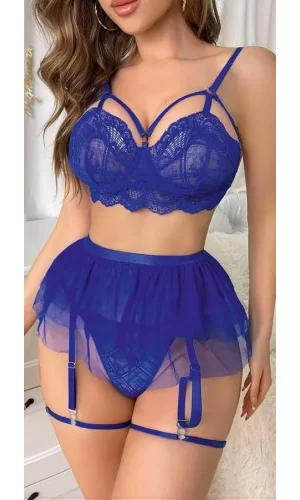 Mavi Bel Tüllü Kadın Seksi Fantazi Jartiyer Takım 2092