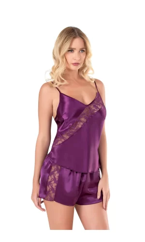 Mor Saten Babydoll Şort Takımı