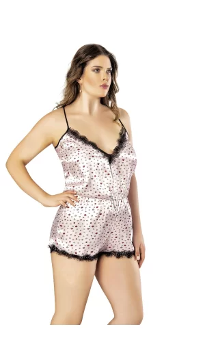 Öpücük Desenli Dantel İşlemeli Fantezi Büyük Beden Saten Babydoll Gecelik