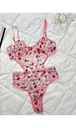 Öpücük Desenli Pembe Bodysuit
