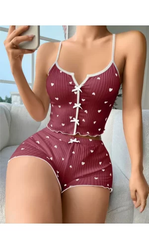 Pamuklu Kahverengi Üstüne Beyaz Kalp Desen Fitilli Askılı Şortlu Pijama Takımı