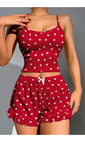 Pamuklu Kırmızı Üstüne Beyaz Kalp Desen Fitilli Askılı Şortlu Pijama Takımı
