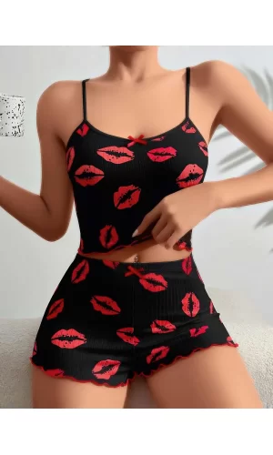 Pamuklu Kiss Öpücük Desen Siyah Fitilli Şortlu Pijama Takımı