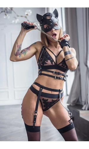 Kedi Maskeli Deri Harness Jartiyer Takımı 25x